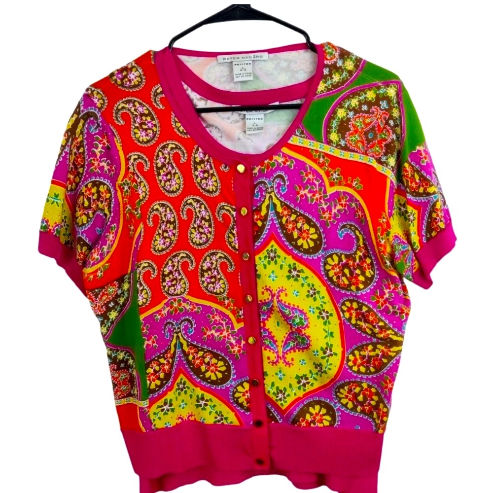 Peter Nygard Paisley SS Cardigan Top L 14/16 Colorful Snaps Wearable Art Preppy